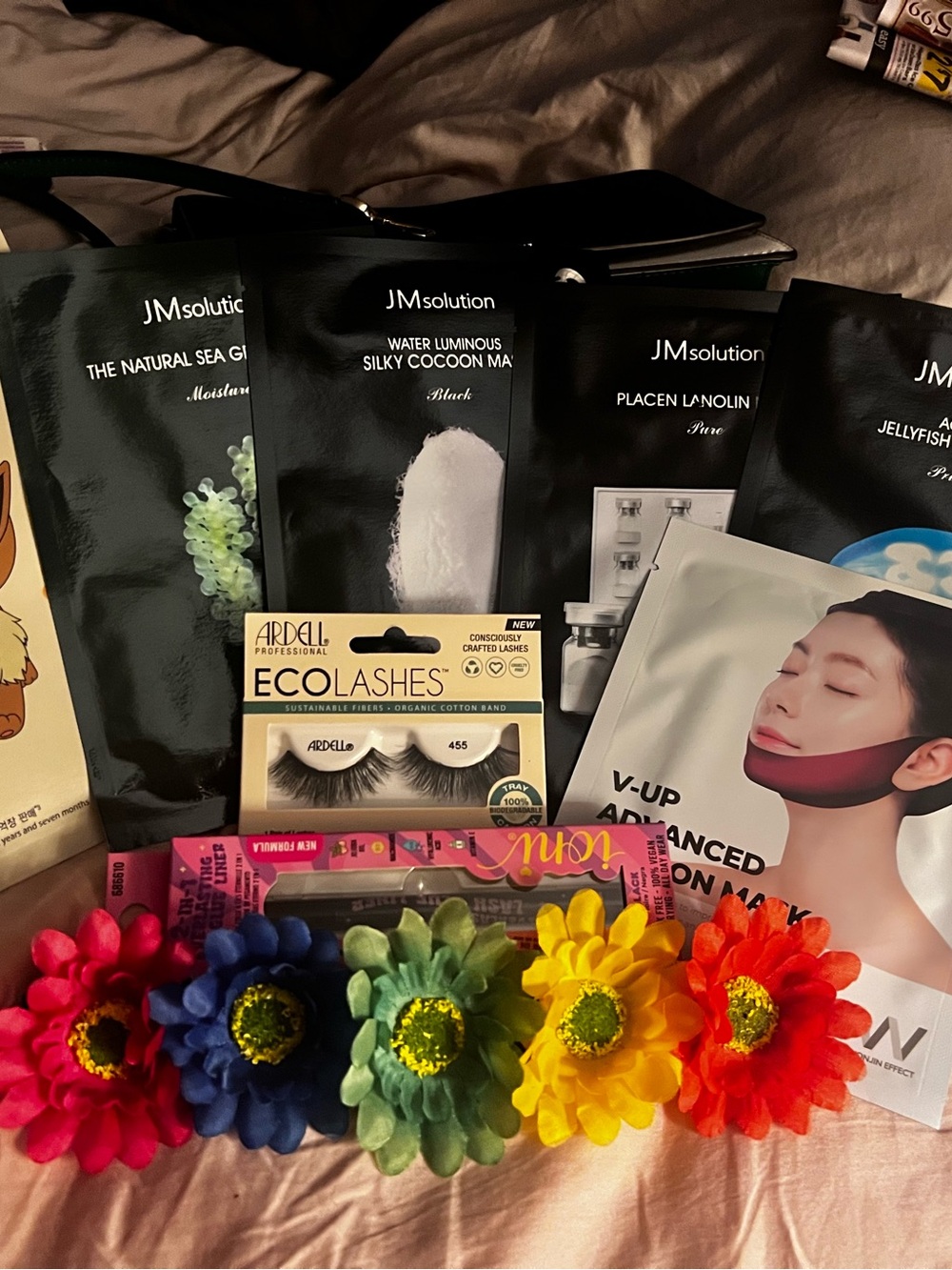 JMsolution Sheet Mask Bundle with Ardell EcoLashes, and Colorful Flower Clips